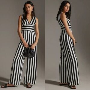 Anthropologie Hutch bold black white striped jumpsuit deep V-neck sleeveless 0